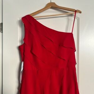 Carmen Marc Valvo  red evening gown. One shoulder, ruffled dress - size 14.